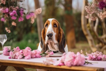 Poster - A lovely Basset Hound dog out in nature on a farm. Pink blooms surround the table. Generative AI