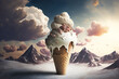 Delicious giant ice cream sticking out of the ground along with the mountains. Generative AI.