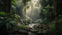 Waterfall In The Jungle Rainforest. River Amongst Palm Trees And Plants. Tropical Landscape.