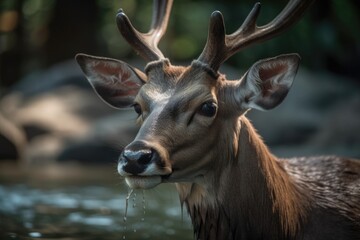 Wall Mural - high altitude reindeer with large horns. Generative AI