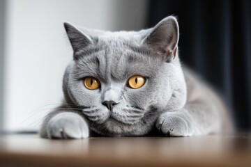 Poster - On a white table, a British Shorthair cat is curled up. Generative AI