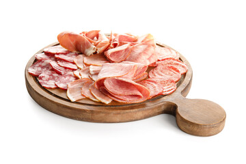 Wall Mural - Wooden board with assortment of tasty deli meats isolated on white background