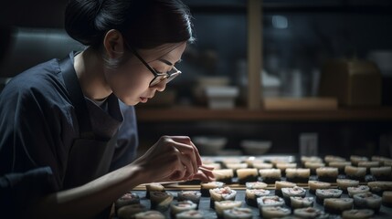 Wall Mural - Asian cook prepares Sushi in a Japanese Restaurant - made with Generative AI tools