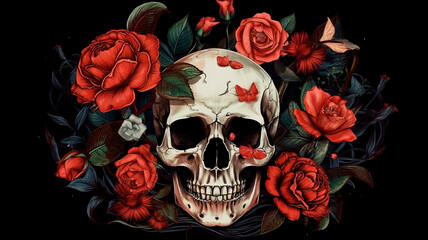 Red rose and skull illustration. Generative AI