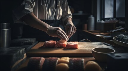 Wall Mural - Asian cook preparing sushi in an Japanese restaurant - made with Generative AI tools