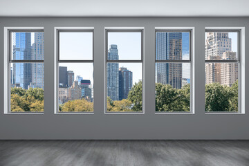 Wall Mural - Empty room Interior Skyscrapers View Cityscape. Central Park Midtown New York City Manhattan Skyline Buildings from Window. Beautiful Expensive Real Estate. Day time. 3d rendering.