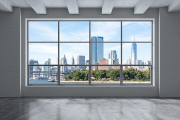 Downtown New York City Lower Manhattan Skyline Buildings. High Floor Window. Expensive Real Estate. Empty room Interior Skyscrapers View Cityscape. Financial district. Brooklyn Bridge. 3d rendering.