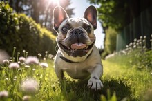 In A Sunny Garden With Lush Grass, There Is A French Bulldog. Generative AI