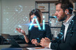 © VideoFlow - Thoughtful businesspeople working together at office workplace. Concept of team work, business education, internet surfing, brainstorm, project information technology. Ai technology icons
