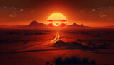 Fototapeta Zachód słońca - Sunset over Monument Valley, silhouettes majestically eroded sandstone ,generative AI