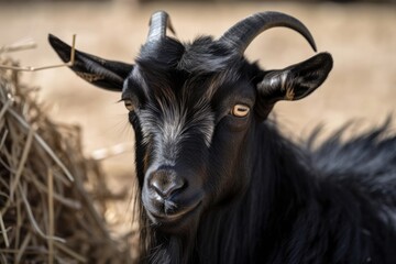 Poster - On a farm, a black goat with horns. Generative AI