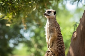 Canvas Print - lone Suricata Suricatta Meerkat standing on a tree and gazing upward in a verdant environment. Generative AI