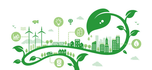 Wall Mural - Green eco city vector illustration ( SDGs, ecology concept , nature conservation )
