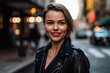Captivating woman in a busy city street, with a mischievous smile and a leather jacket, standing out in the crowd, generative ai