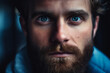 Close-up portrait of a bearded man with striking blue eyes, generative ai