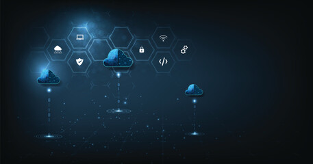 Leinwandbilder - Concept of Cloud computing security technology background. vector illustration of business network data security storage online on dark blue background.