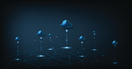 Leinwandbilder - Concept of Cloud computing technology on the data network. cloud computing technology transfer database to the cloud with connected polygons with a dark blue background.