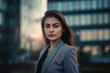 © aicandy - Confident businesswoman posing in front of a modern office building with a city skyline in the background, generative ai