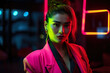 © aicandy - lively neon secretary with a bold and edgy fashion sense, set against a neon-lit office backdrop, generative ai