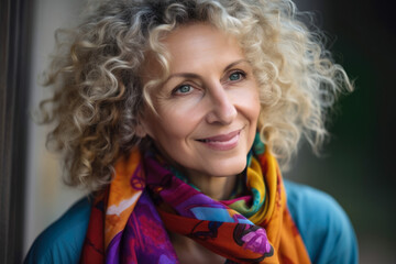 Joyful portrait of a woman in her 50s with curly hair, wearing a colorful scarf and a flowy blouse, with natural makeup, generative ai