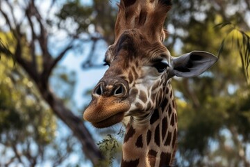 Poster - Botswana, close up of a lone giraffe in the woods. Generative AI