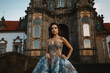 Regal beauty in an ornate gown against a grandiose castle backdrop with a majestic and powerful stance, generative ai