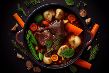 Wall Mural - Beef bourguignon meat stew with vegetables mushrooms and red wine in a pot black background. Generative Ai
