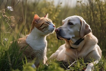 Poster - Dogs and cats get along well. embracing in the grass. Generative AI