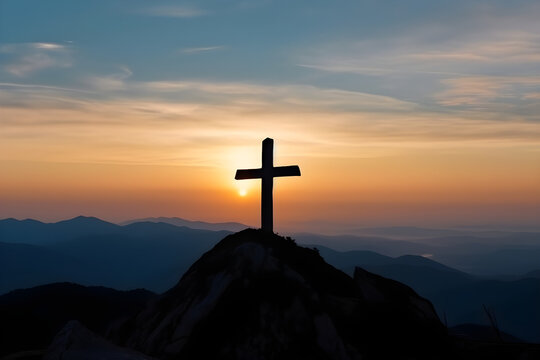 standing tall on the mountaintop, jesus' cross is adorned with the glory of a biblical christian sun
