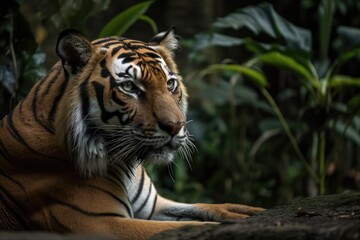 Canvas Print - Picture of a Malayan Tiger (Panthera Tigris Tigris) Resting in Zoo Negara, Kuala Lumpur, Malaysia, 9 November 2019. Generative AI