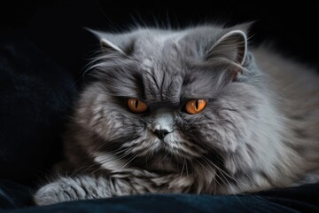 Poster - Gray fluffy cat curled up on the couch. Close up of a cat. Generative AI