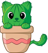 Vector Cute Cat Cactus Cartoon Style. Kitty Character Illustration Isolated On White Background