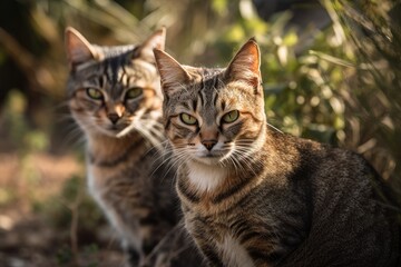 Canvas Print - With a serious expression, two separate gorgeous cats play on a grassy path in the middle of the summer sun. Generative AI