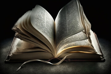 holy bible. an open book is reflected in table. book as a symbol of bible. concept - reading christi