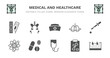set of medical and healthcare filled icons. medical and healthcare glyph icons such as pelvic area, nurse cross, breath control, eye dropper, atomic structure, atomic structure, drug pills,