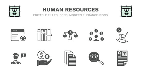 Wall Mural - set of human resources filled icons. human resources glyph icons such as attrition, time balance, problems, pension, grievance, grievance, salary, files, job, curriculum vitae vector.