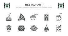Set Of Restaurant Filled Icons. Restaurant Glyph Icons Such As Pepperoni Pizza Slice, Spaghetti Bolognese, Menu Card, Drink Jar, Boiling Water Pan, Boiling Water Pan, Food Box, Combine Meal, Cupcake