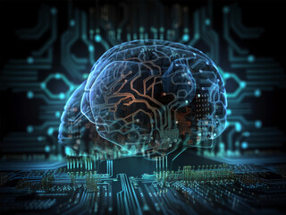 Human brain consists of circuit board, technology background, artificial intelligence, process and retain new information, generative AI