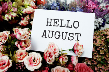 Canvas Print - Hello August text message on paper card with beautiful flowers decoration