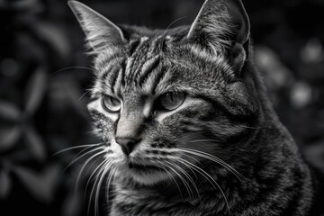 Sticker - Grey striped cat with fuzzy interior background glancing at camera. Image in black and white. Generative AI