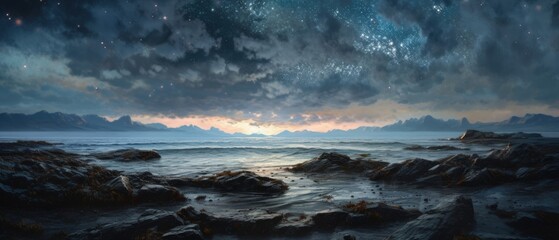 Wall Mural - Rocky shore seascape with unspoiled sandy beach, quiet calm golden hour sunset dusk sky and clouds, gentle ocean waves, fading sun, panoramic widescreen view - generative AI