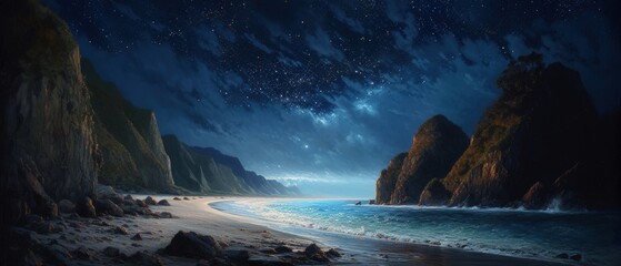 Wall Mural - Rocky shore seascape with unspoiled sandy beach, quiet calm late night milky way stars sky and clouds, gentle ocean waves, illuminated by the moon, panoramic widescreen view - generative AI