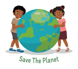 cute african kids hugging earth globe showing care for the planet celebrating earth day