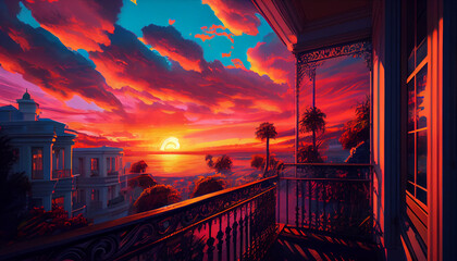 Wall Mural - The magic of sunset from the balcony a symphony of colors Generative AI