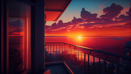 Wall Mural - The magic of sunset from the balcony a symphony of colors Generative AI