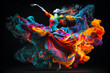 © valentyn640 - Woman in colorful dress is flying through the air with her arms in the air. Generative AI.