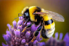 Close Up Of Bee On Purple Flower With Yellow And Black Stripe. Generative AI.