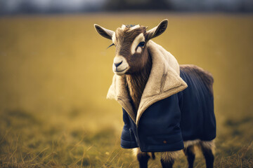 Wall Mural - Goat with coat on standing in field of grass with blurry background. Generative AI.