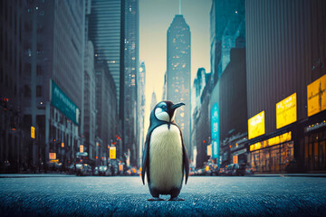 Sticker - Penguin is standing in the middle of street with city in the background. Generative AI.