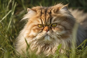 Poster - Persian cat lying down in the grass. Generative AI